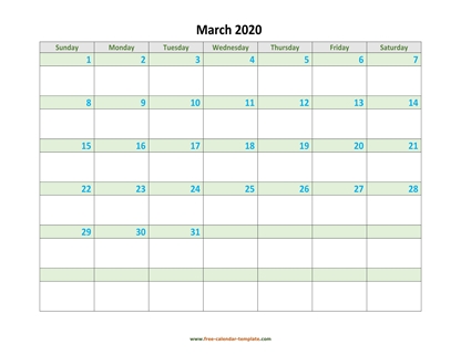 march 2020 calendar daycolored horizontal