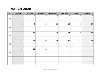 march 2020 calendar daygrid horizontal