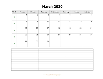 march 2020 calendar notes horizontal