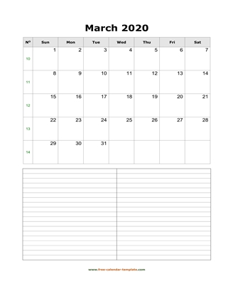 march 2020 calendar notes vertical