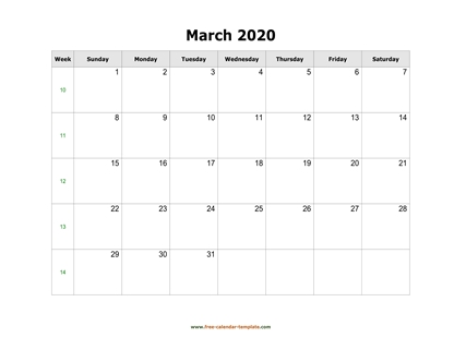 march 2020 calendar simple horizontal