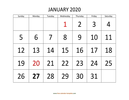monthly 2020 calendar bigfont horizontal