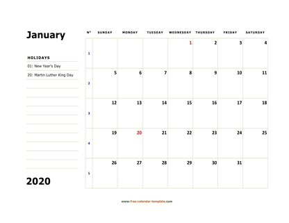 monthly 2020 calendar boxnotes horizontal