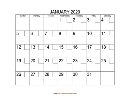 monthly 2020 calendar checkboxes horizontal