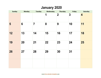 monthly 2020 calendar colored horizontal