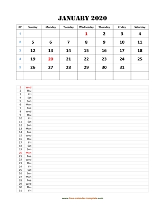 monthly 2020 calendar daily notes vertical