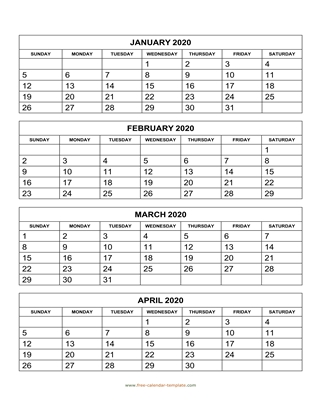 monthly 2020 calendar four months vertical
