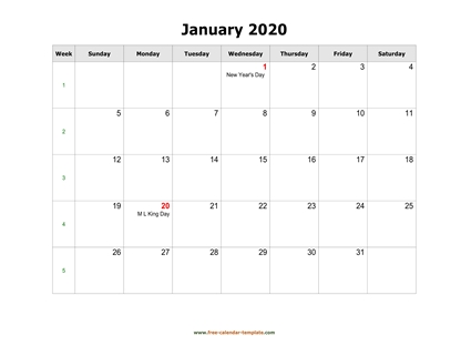 monthly 2020 calendar holidays horizontal