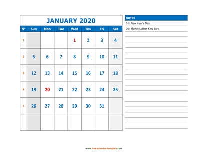 monthly 2020 calendar largenotes horizontal