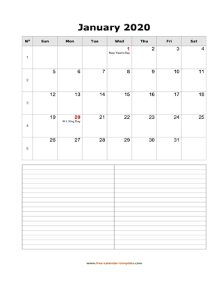 monthly 2020 calendar notes vertical