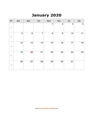 monthly 2020 calendar simple vertical