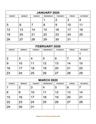 monthly 2020 calendar three months vertical