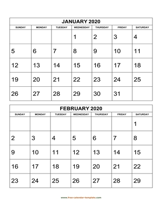 monthly 2020 calendar two months vertical