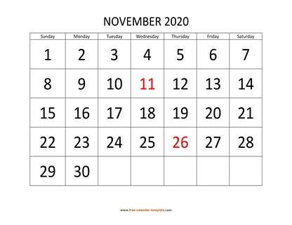 november 2020 calendar bigfont horizontal