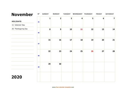 november 2020 calendar boxnotes horizontal