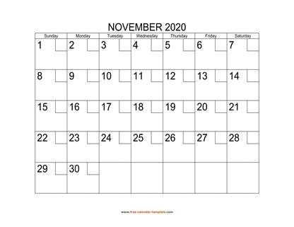 november 2020 calendar checkboxes horizontal