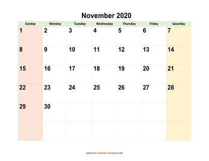 november 2020 calendar colored horizontal
