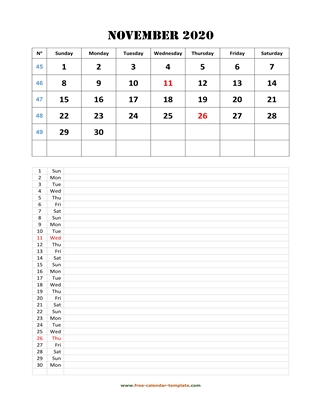 november 2020 calendar daily notes vertical
