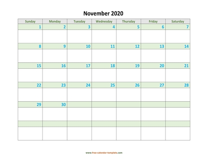 november 2020 calendar daycolored horizontal