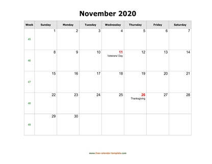 november 2020 calendar holidays horizontal