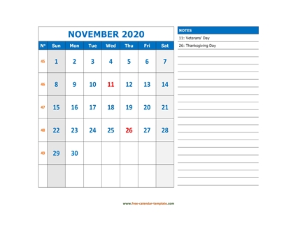 november 2020 calendar largenotes horizontal