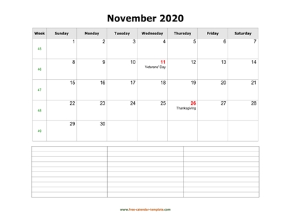 november 2020 calendar notes horizontal