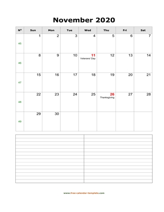 november 2020 calendar notes vertical