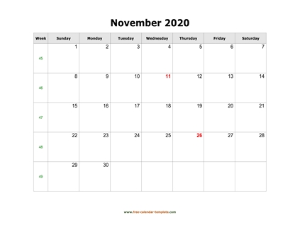 november 2020 calendar simple horizontal