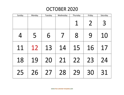 october 2020 calendar bigfont horizontal