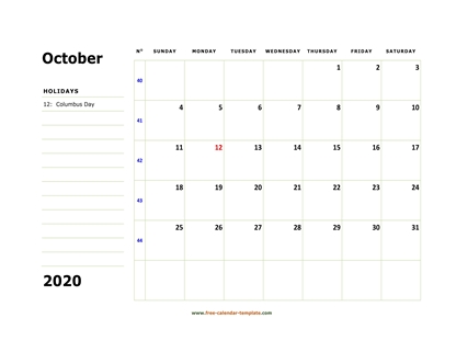 october 2020 calendar boxnotes horizontal