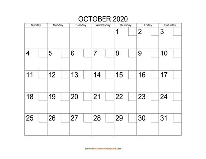 october 2020 calendar checkboxes horizontal