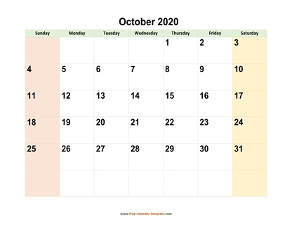 october 2020 calendar colored horizontal