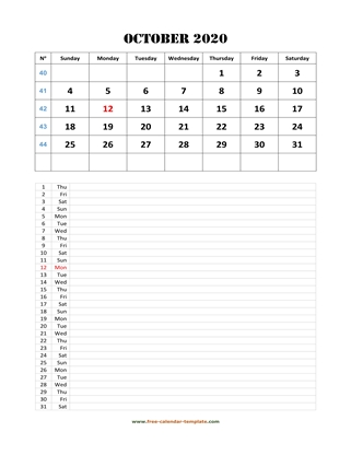 october 2020 calendar daily notes vertical