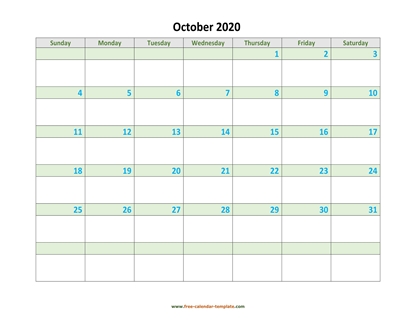 october 2020 calendar daycolored horizontal