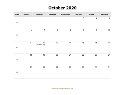 october 2020 calendar holidays horizontal