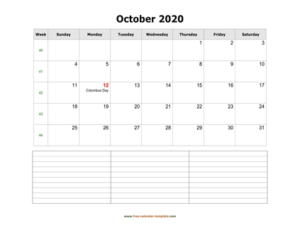october 2020 calendar notes horizontal