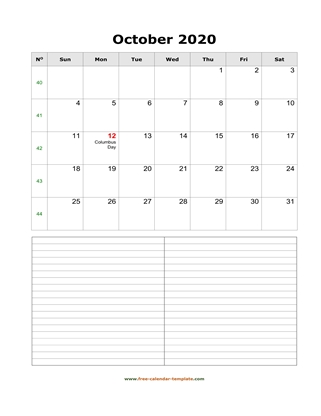 october 2020 calendar notes vertical