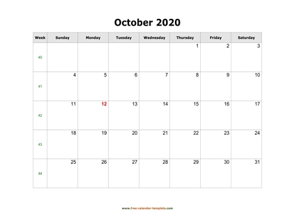 october 2020 calendar simple horizontal
