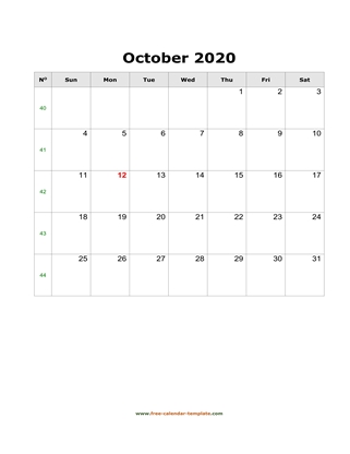 october 2020 calendar simple vertical