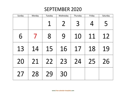 september 2020 calendar bigfont horizontal