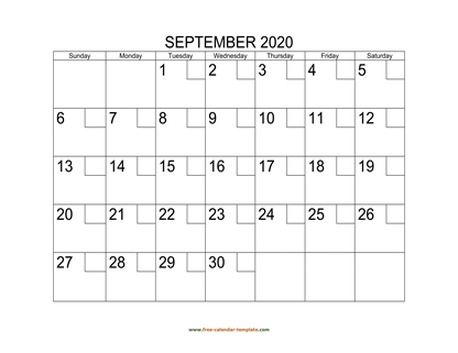 september 2020 calendar checkboxes horizontal