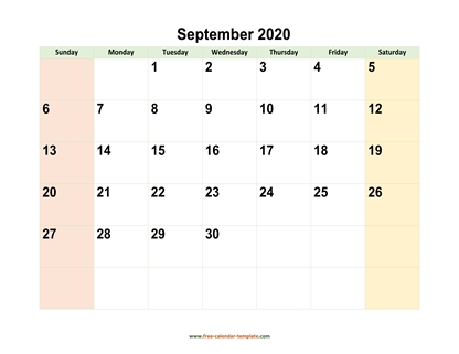 september 2020 calendar colored horizontal