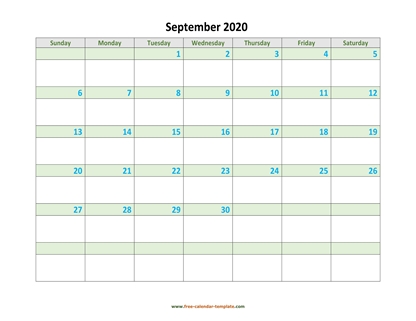 september 2020 calendar daycolored horizontal
