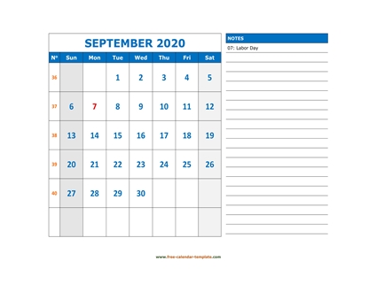 september 2020 calendar largenotes horizontal