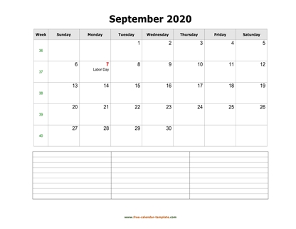 september 2020 calendar notes horizontal