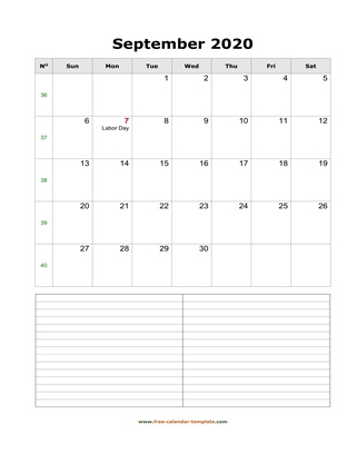september 2020 calendar notes vertical