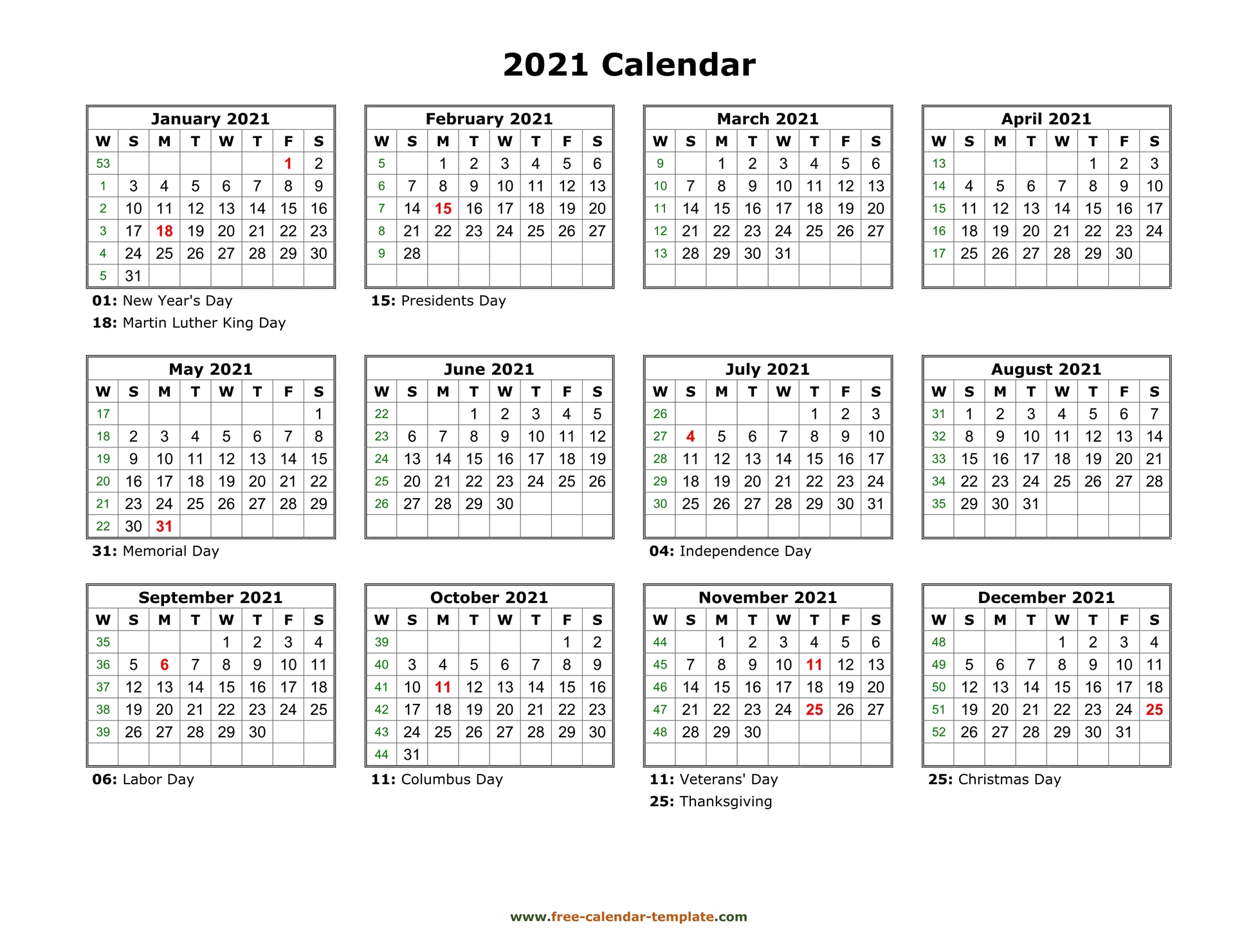 Printable Yearly Calendar 2021 | Free-calendar-template.com