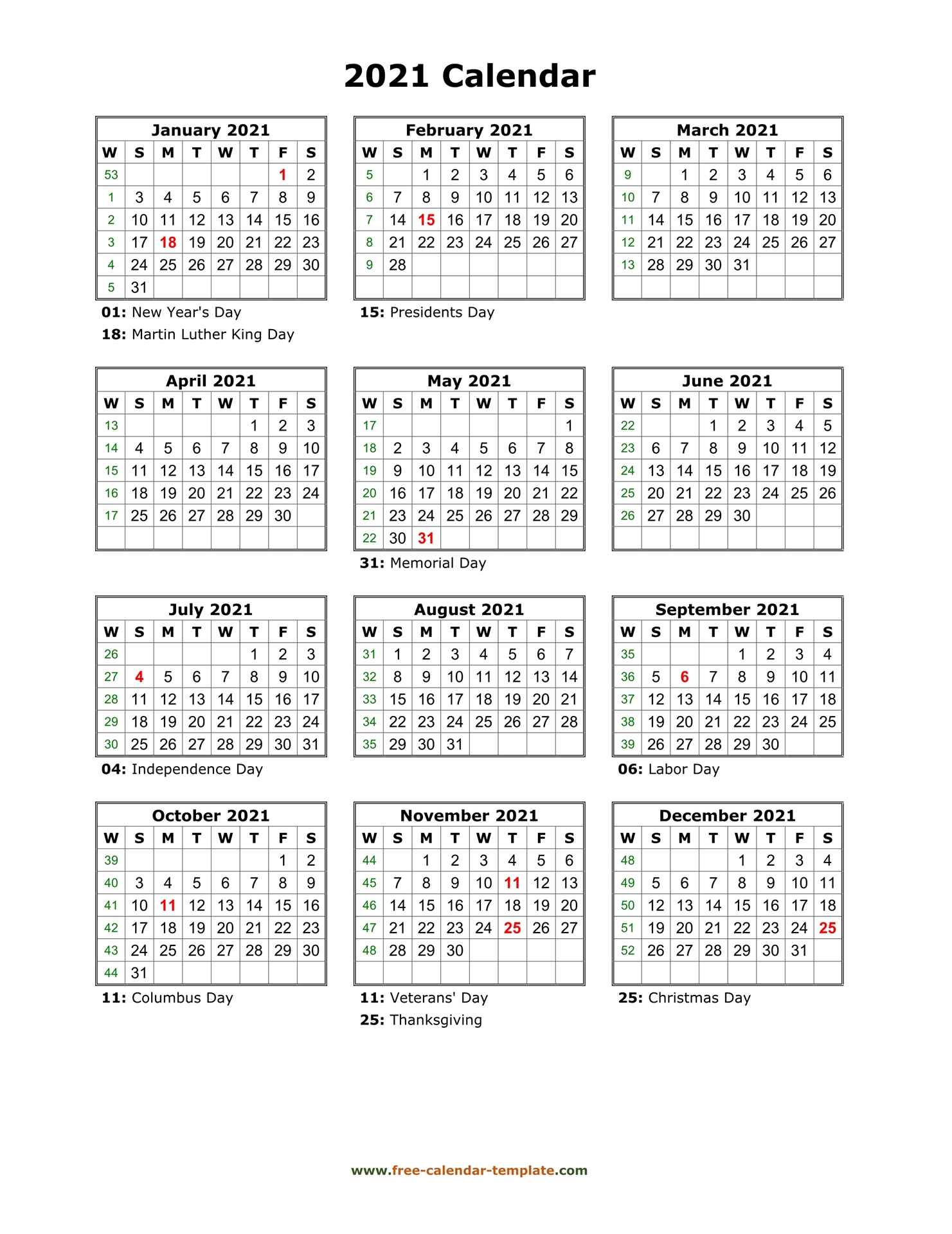 yearly printable calendar 2021 with holidays free calendar template com