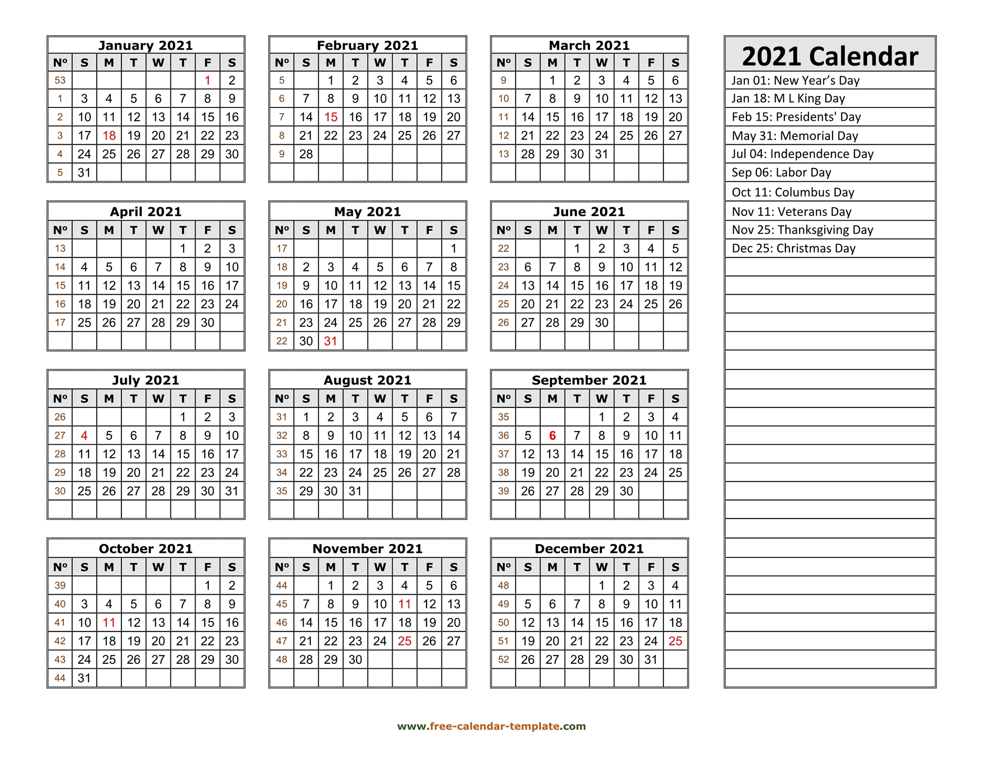 2021 Yearly Calendar Printable With Week Numbers Free Calendar Template Com