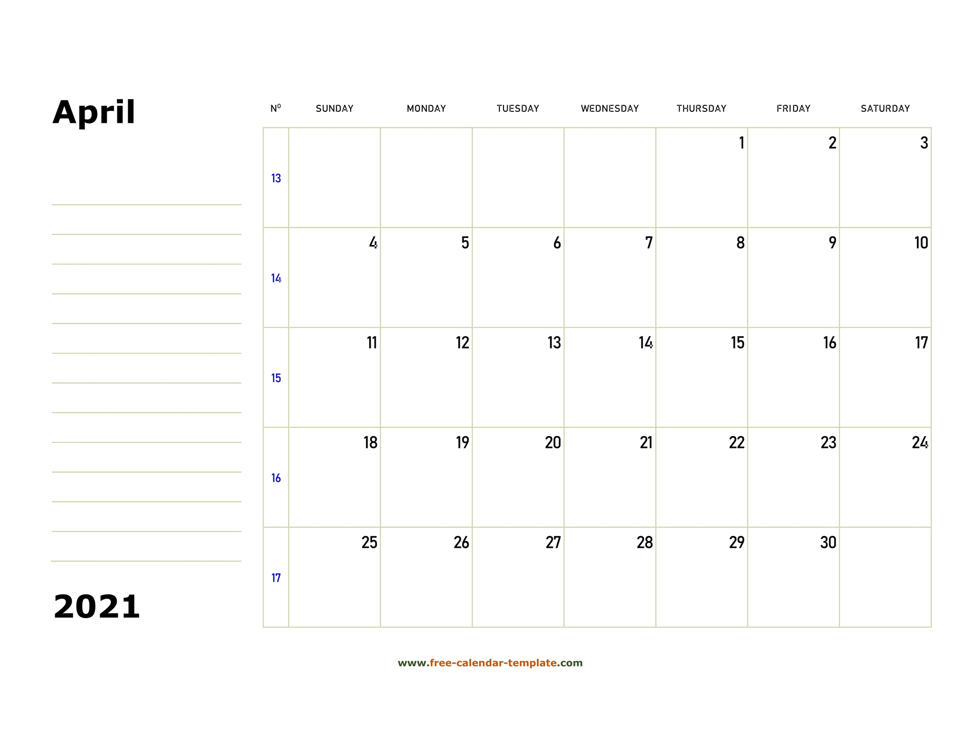 Printable April 2021 Calendar Box And Lines For Notes Free Calendar Template Com